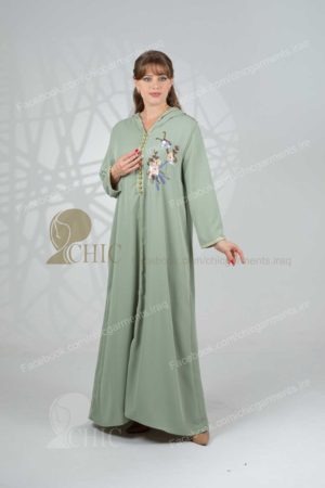 جلابية خليجي مع شغل يدوي مع كب | فستقي فاتح