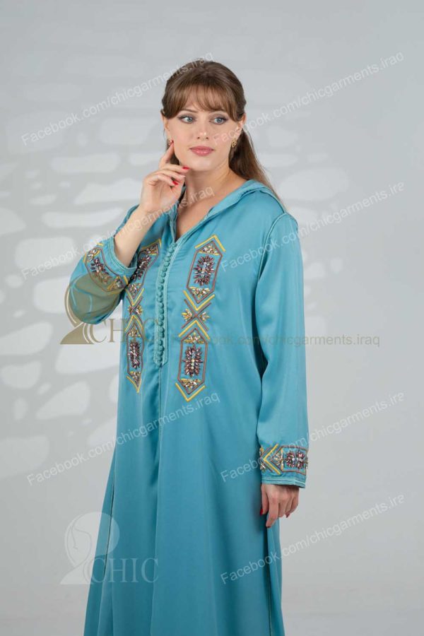 ⁦جلابية خليجي مع شغل يدوي مع كب | ازرق فيروزي⁩ - الصورة ⁦2⁩
