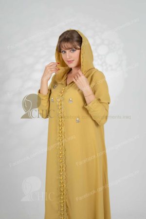 جلابية خليجي مع شغل يدوي مع كب | خردلي