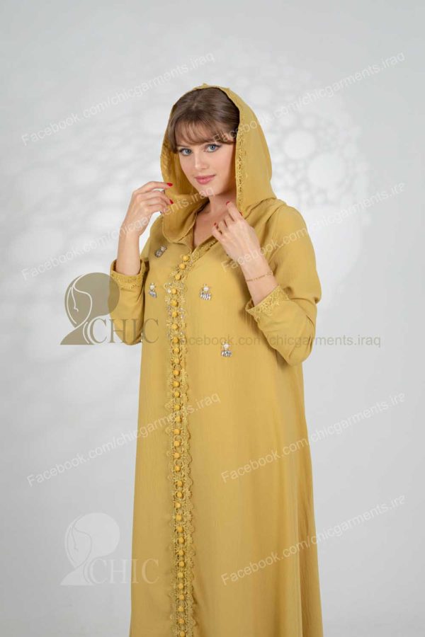 جلابية خليجي مع شغل يدوي مع كب | خردلي